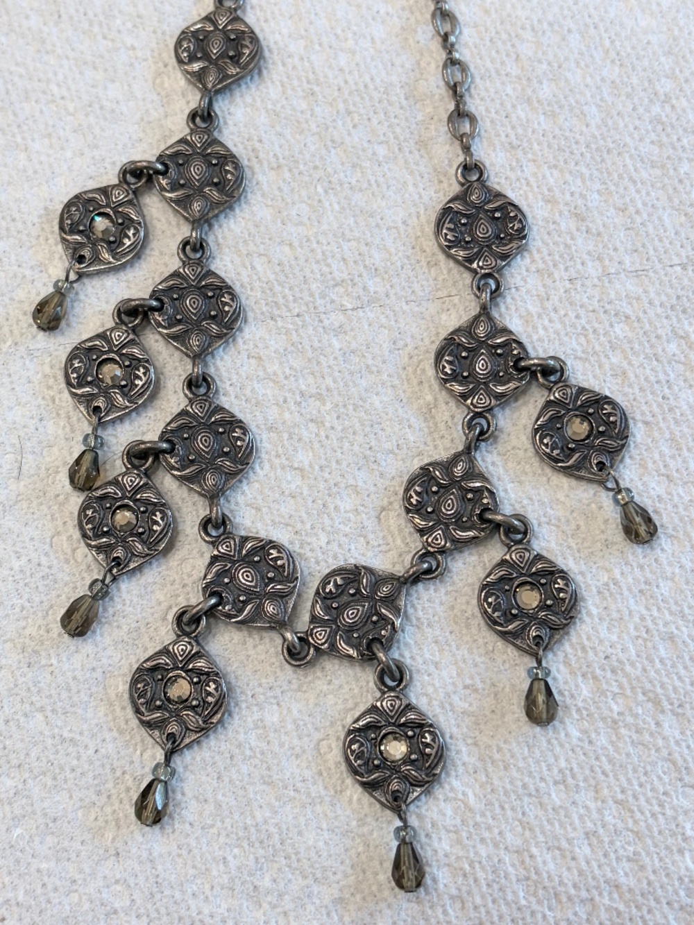 Vintage Chico's bohemian antiqued silver-tone bib necklace featuring a dramatic